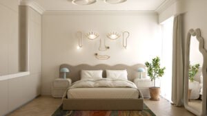 Sypialnia z dekoracyjną instalacją świetlną w formie szkicu twarzy nad łóżkiem.