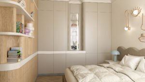 Nowoczesna zabudowa w sypialni z matowymi frontami i podświetlaną niszą na dekoracje.