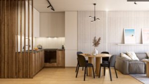 projekt małej kuchni Warszawa – zabudowa do sufitu w jasnych kolorach